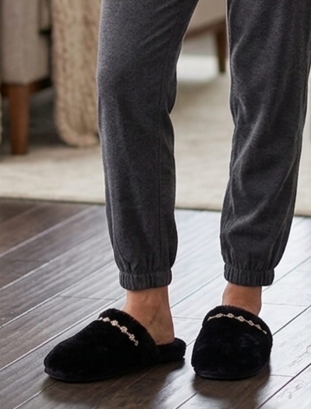 Jessica Simpson Black Faux Fur Slip-On Slippers with Decorative Gem Trim